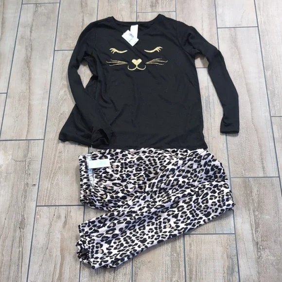 NWT The Children's Place Girl's 2 Piece Cat/Cheetah/Leopard Print Pajamas/PJs - Picture 1 of 8